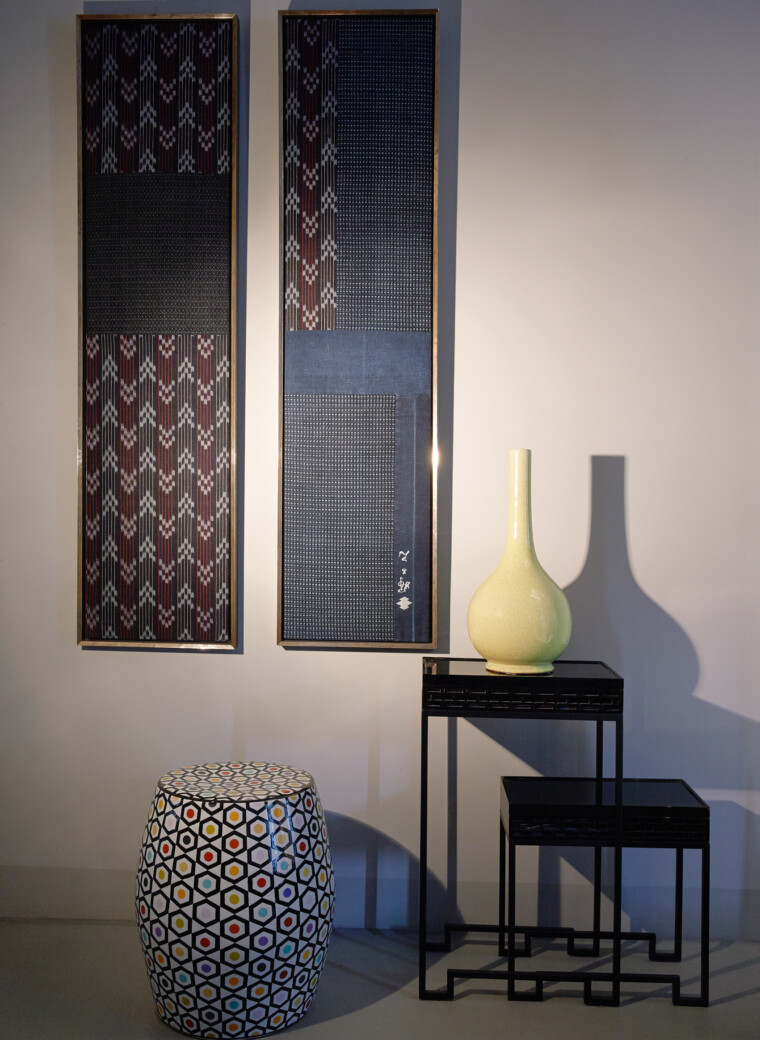 Indigo panels made from antique indigo fabrics and details from a fireman’s kimono